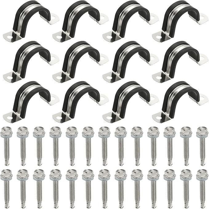 PATIKIL 12Pcs Pipe Clamps, 1-1/16 Inch 304 Stainless Steel Rubber Cushioned U Bracket Conduit Clamps Pipe Strap Wire Clips with Hexagonal Screw for Tube Hose Cord Installation, 27mm