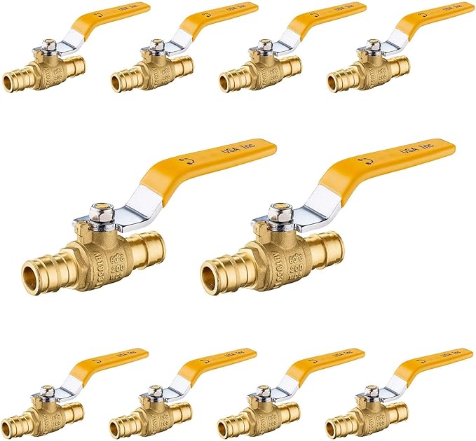 10-Pack Foskan 3/4" Brass PEX-A Ball Valve with Yellow Handle, Quarter Turn Full Port Valve for PEX-A Pipe Connection