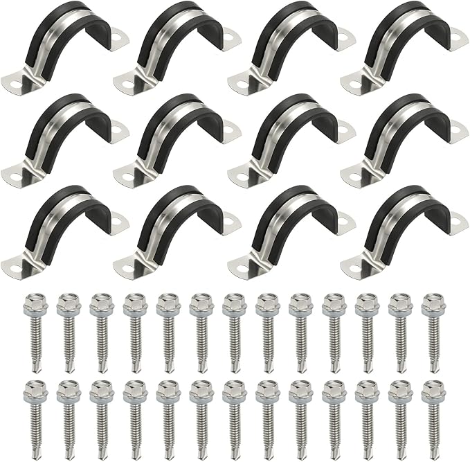 PATIKIL 12Pcs Pipe Clamps, 1-1-4 Inch 304 Stainless Steel Rubber Cushioned U Bracket Conduit Clamps Pipe Strap Wire Clips with Hexagonal Screw for Tube Hose Cord Installation, 32mm