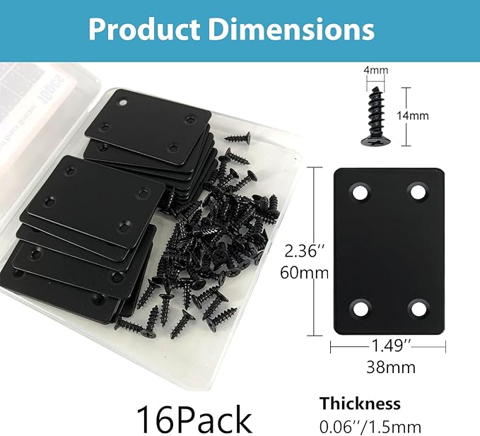 QSJ 16 Pack Black Flat Mending Plate 2.36x1.49'', Stainless Steel Bracket, Straight Metal Brace Bracket, Fixing Joining Plate for Wood Furniture Fastening & Fixing