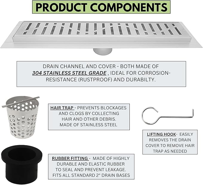 SereneDrains 304 Stainless Steel Brushed Nickel Linear Shower Drain Kit Wind Linear Shower Drains for Tile Floor Long Hair Catcher Strainer Grate Cover Bathroom (35 Inch)