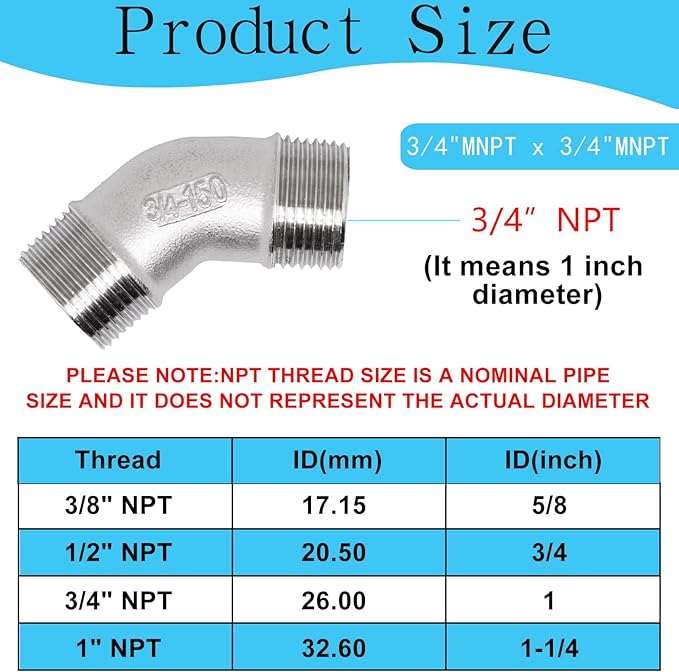 2PCS 304 Stainless Steel 45 Degree Elbow, 3/4" NPT Male Pipe to 3/4" NPT Male Coupler, Heavy Duty Forged Street Elbow Adapter Pipe Fittings, Class 150