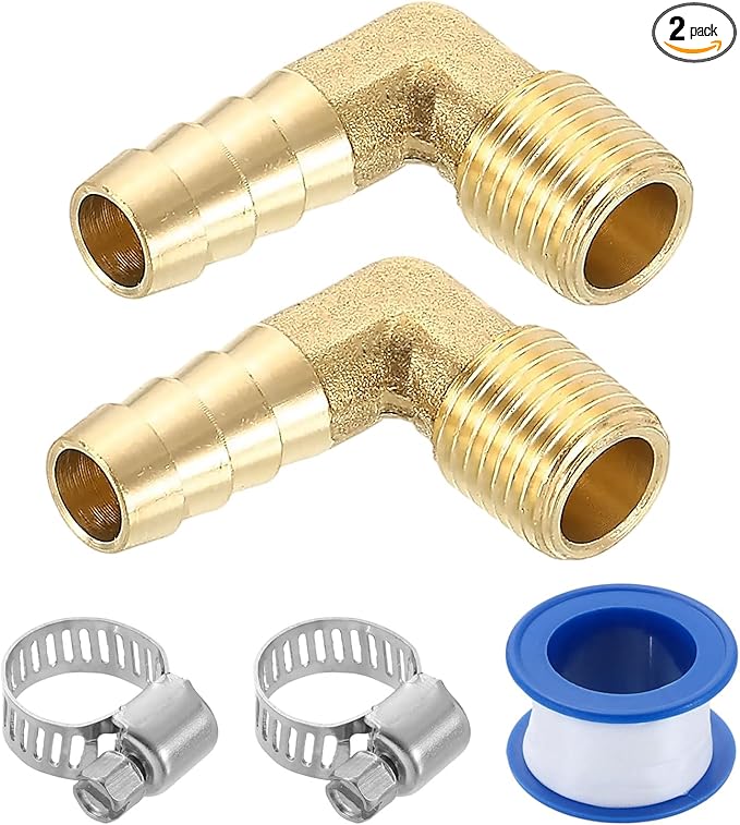 uxcell 2Pcs Brass Hose Barb Fittings, 3/8" x 1/4" NPT 90 Degree Elbow Hose Connector with Hose Clamps for Water Fuel Gas Oil Transportation
