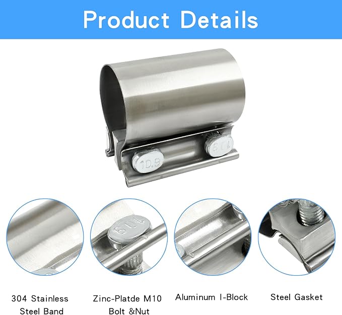 1-3/4'' Exhaust Clamp，Heavy Duty 304 Stainless Steel Lap Joint Exhaust Pipe Seal Band Clamp,Repair Clamp Sleeve Coupler for Emergency Pipe Repair,Pack of 2