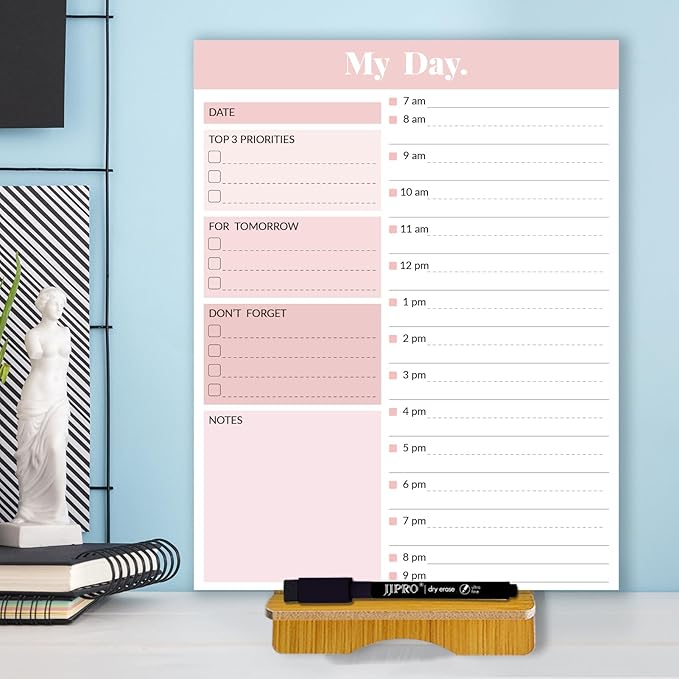 JJPRO Reusable Desktop Daily Planner with Stand,Hourly Dry Erase Board,11"x8.5"Schedule Board,Dry Erase Time Schedule with Time Slots, Desk Hourly Dry Erase Board w/Engineered Wood Stand-Pink