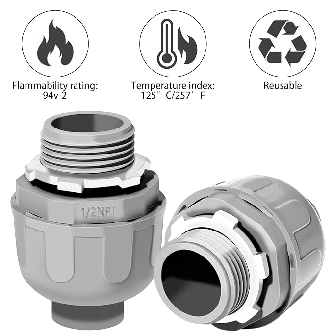 1/2 Liquid Tight Connector - 25 Pack Liquid Tight Conduit 180 Degree PVC Electrical Conduit Fitting Non Metallic Straight Flexible Conduit Connectors for Indoor Outdoor Home, Kitchen, and Bathroom