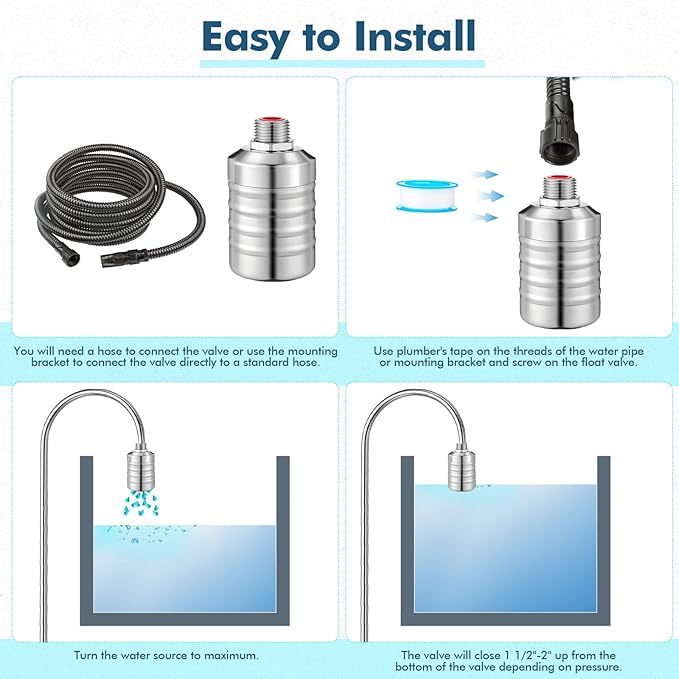 4 Pack Water Float Valve 1/2" to 3/4'' Auto Shut off Water Tank Float Valve 304 Stainless Steel Fully Automatic Level Control for Pool, Livestock Troughs (Classic Style)