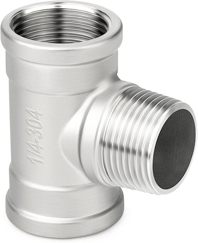 TAISHER 5PCS 304 Stainless Steel Tee Pipe Fittings, 1/4" NPT Female x 1/4" NPT Male x 1/4" NPT Female Pipe Fittings, Male Branch Tee