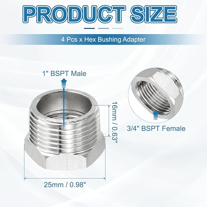 PATIKIL 304 Stainless Steel Reducer Hex Bushing 2 Pcs, 1" BSPT Male to 3/4" BSPT Female Pipe Reducing Adapter Fitting Connector for Water Gas Hydraulic Pipes Shower Hose, Silver