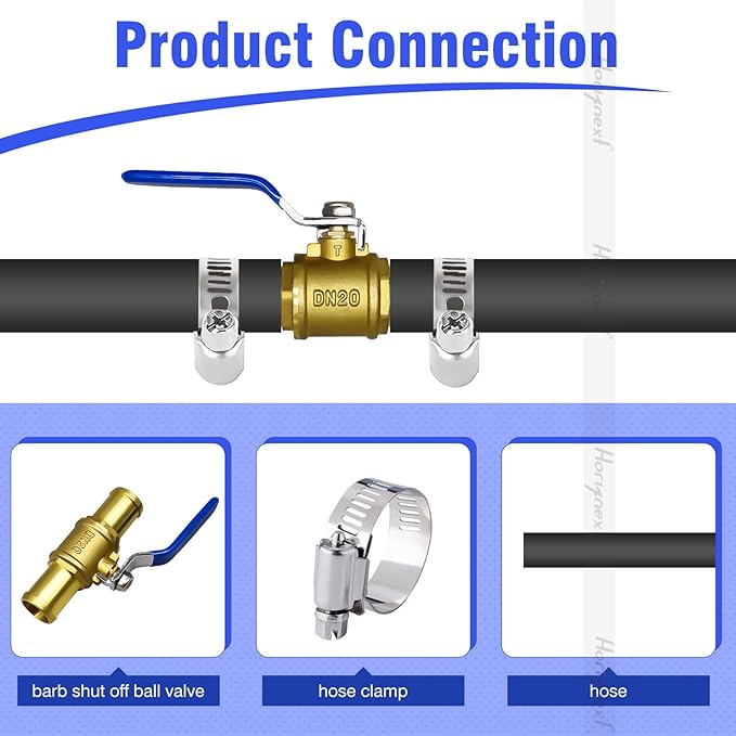 1 inch brass mini shut off ball barb valve for water fuel hose gas line rv air tubing, straight inlet manifold petcock (2 pcS with clamps kit)