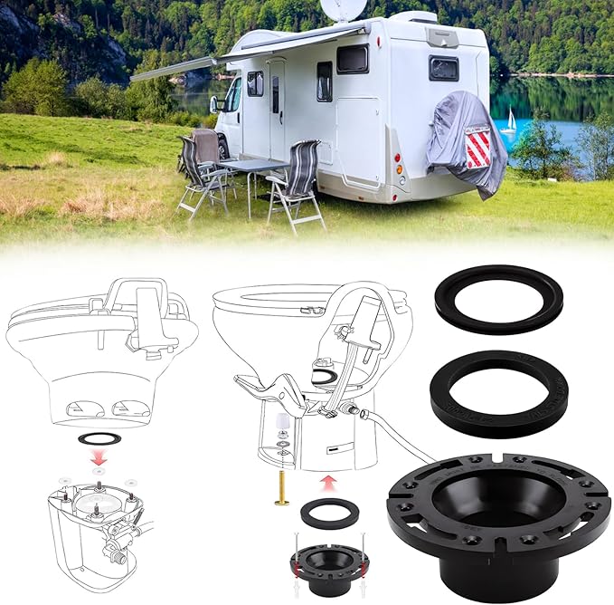 RV Toilet Seal with 3 Inch Socket Floor Flange Kit for 300/310/320 RV Toilets, Replaces 385345892 RV Floor Flange, 385311658 Flush Seal and 385311652 Base Seal, 3 in 1 Combo Kit