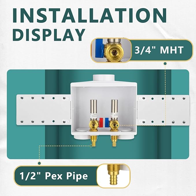 Washing Machine Outlet Box, Niikappu 1/2 Inch Pex Crimp Inlet x 3/4 Inch MHT Outlet Connection, Washer Box with Double Drains, with Stainless Steel Water Hammer Arrestor