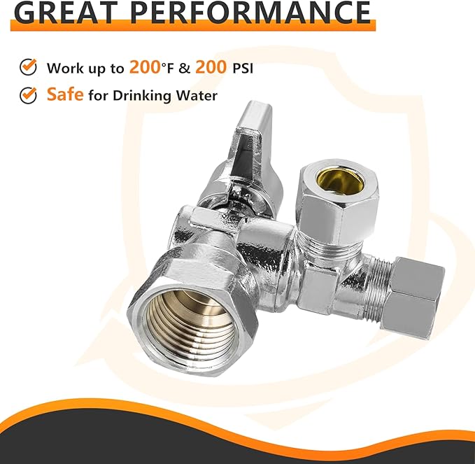 2-PCs HeSun Quarter-Turn Angle Stop Valve, 1/2" FIP x 3/8" OD Comp x 3/8" OD Comp, Dual Compression Outlet Shut Off Valve, PEX Chrome Plated Brass(VALVE209)