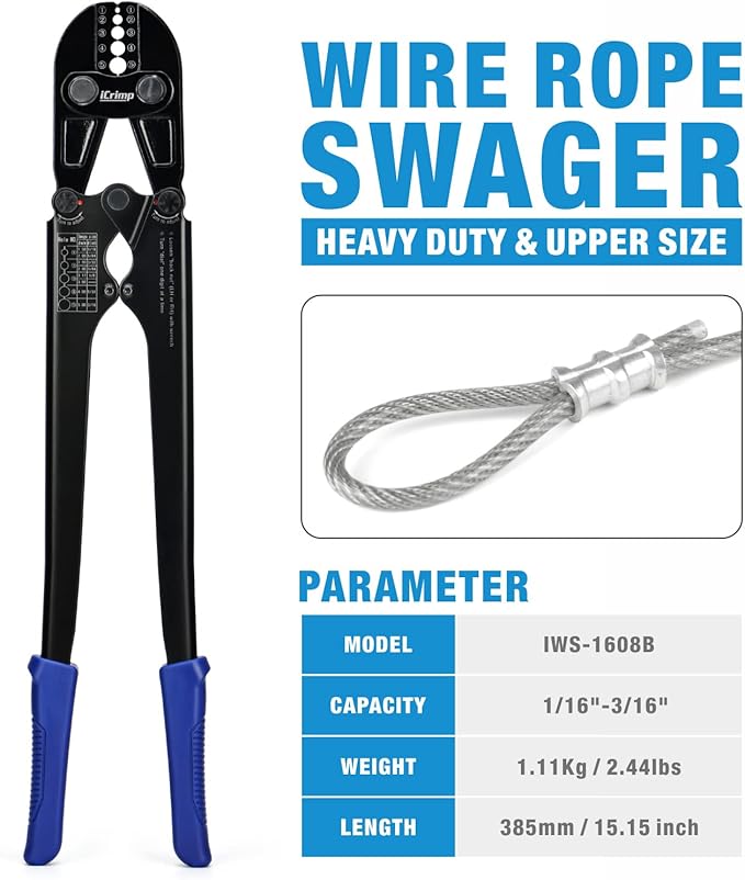 iCrimp IWS-1608B Wire Rope Crimping Tool for Aluminum Loop Sleeves, Duplex Oval Cable Ferrules 1/16’’ to 3/16’’, c/w Wire Rope Cable Cutter