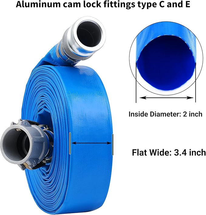 2" x 100ft PVC Lay Flat Discharge Hose With Aluminum Camlock C & E Fittings, Cam Lock Fitting Type A included, Heavy Duty Reinforced Pump Backwash Hose Assembly
