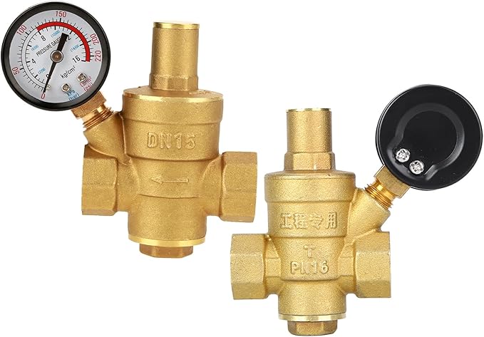 Water Pressure Regulator Valve, DN15 Brass RV Adjustable Water Pressure Reducer With Meter for RV Travel Trailer