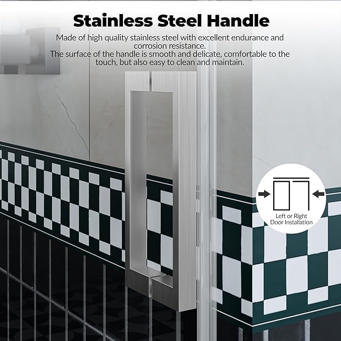 Frameless Sliding Shower Door Enclosure - 56 to 60 Inch Adjustable Width x 76 Inch Height, 8mm Coated Tempered Safety Glass with Easy Clean, Square Stainless Steel Rail, Brushed Finish