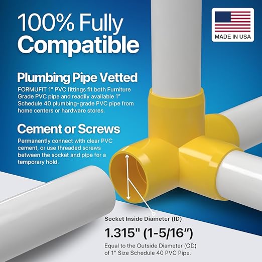 FORMUFIT 1” 4-Way Tee Furniture Grade PVC Fitting in Yellow, Made in USA, UV-Resistant, Impact-Proof, 1.315” Actual Socket Diameter (Pack of 4) - F0014WT-YE-4