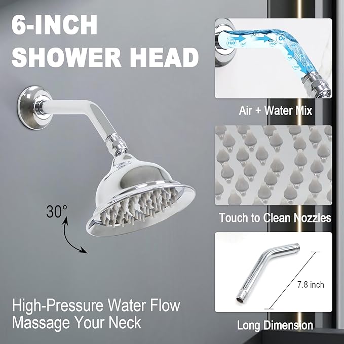 Enga Antique Shower Faucet Sets Dual Heads with 4 Body Jets, 8" + 6" Ceiling & Wall Mount Vintage Shower Head with Handheld Spray Combo, 4 Way Diverter Brass Valve, Chrome