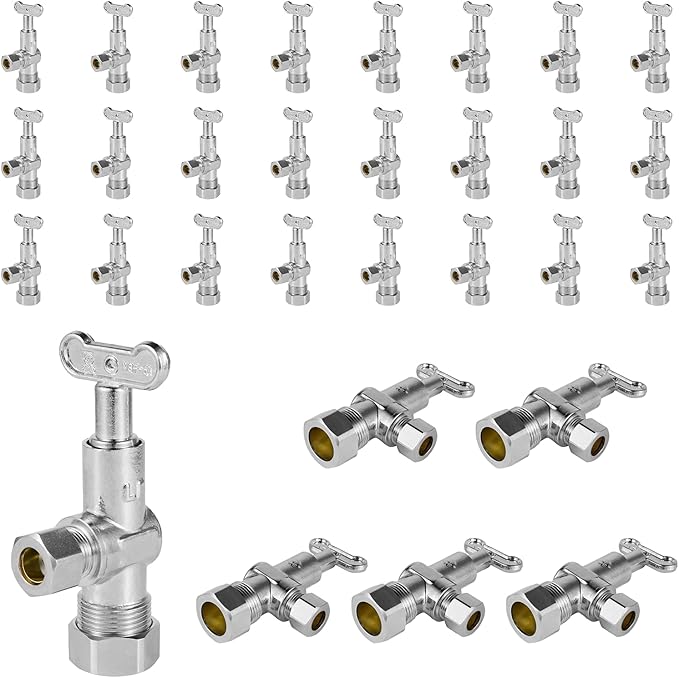 30-Pack Foskan 1/4 Turn Loose Key Angle Stop Valve,Compression Shut Off Valve 1/2" NOM (5/8" OD) x 3/8" OD,Chrome Plated Brass