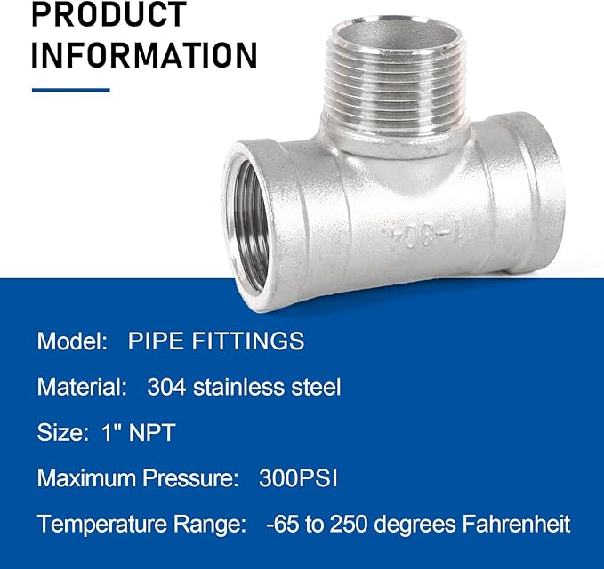 Kodilin 4PCS 304 Stainless Steel Tee Pipe Fittings, 1" NPT Female x 1" NPT Male x 1" NPT Female, Male Branch Tee