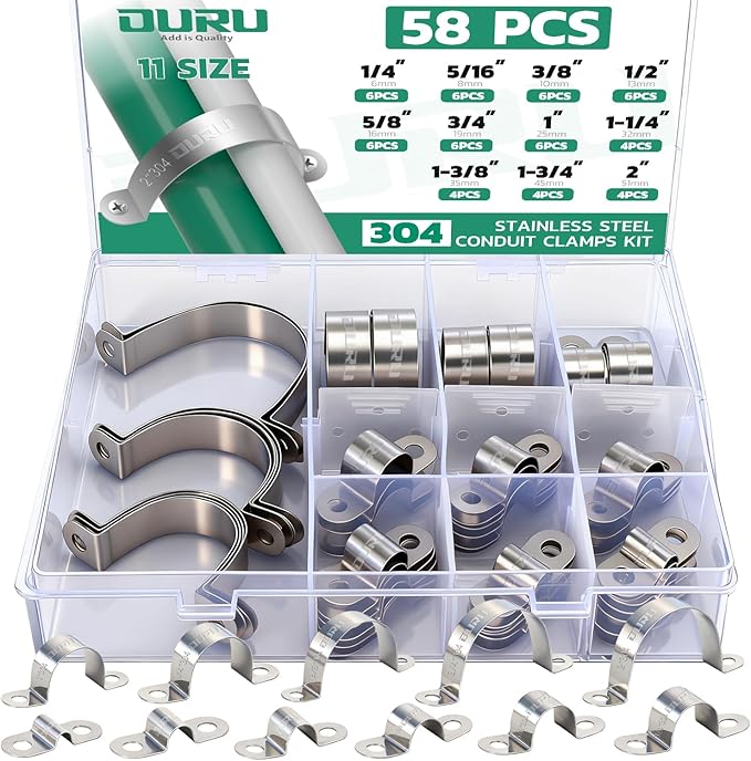 58pcs Conduit Clamp Assortment Kit 304 Stainless Steel, 11 Sizes (1/4"-2") Rigid Metal Pipe Clamp U Bracket, 2 Holes Pipe Strap for Automotive, Wire & Tube