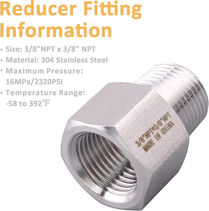 Forged Reducer Adapter Fitting - Stainless Steel 304 Reducing Pipe Connector, 3/8" NPT Female x 3/8" NPT Male (pack of 5)