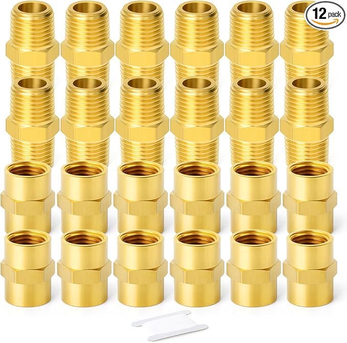 GASHER 12PCS Metals Brass Pipe Fitting, Hex Nipple Brass Hex Coupler, 1/4" x 1/4" NPT Male Thread Pipe, 1/4Inch x 1/4Inch NPT Female Thread Pipe