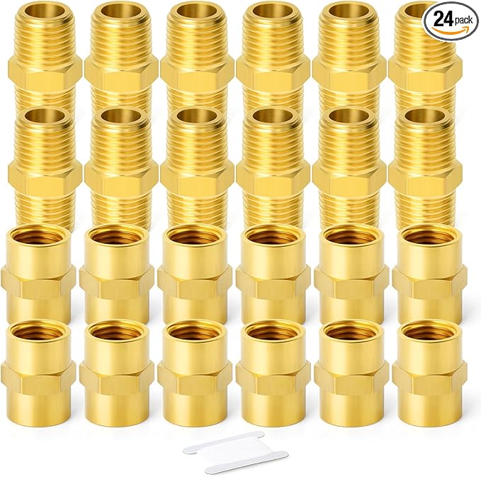 GASHER 24PCS Brass Pipe Fitting, Hex Nipple Brass Hex Coupler, 3/8" x 3/8" NPT Male Thread Pipe, 3/8Inch x 3/8Inch NPT Female Thread Pipe