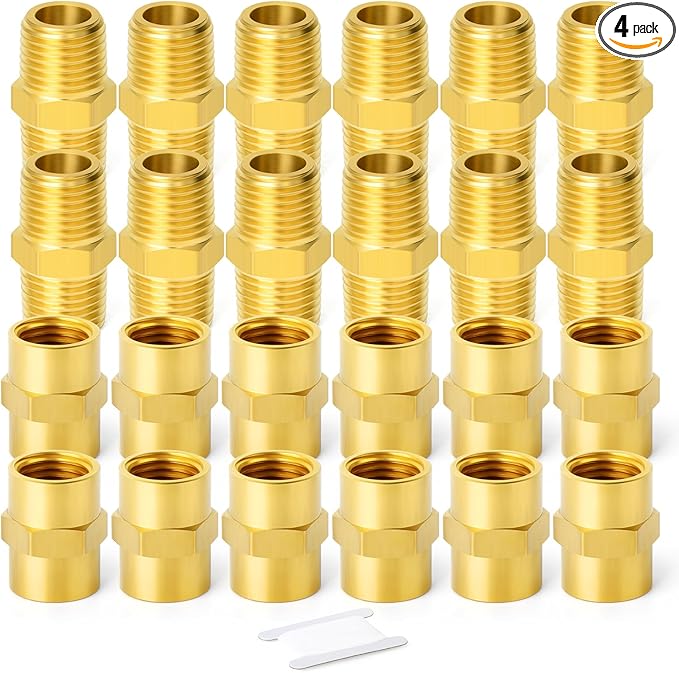 GASHER 4PCS Metals Brass Pipe Fitting, Hex Nipple Brass Hex Coupler, 1/4" x 1/4" NPT Male Thread Pipe, 1/4Inch x 1/4Inch NPT Female Thread Pipe