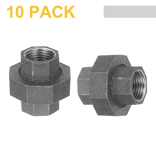 uxcell Pipe Fittings Union, 1/2 Inch Malleable Cast Iron Union Threaded for Vintage Retro Industrial Pipe, Furniture and DIY Decor Black, 10Pcs