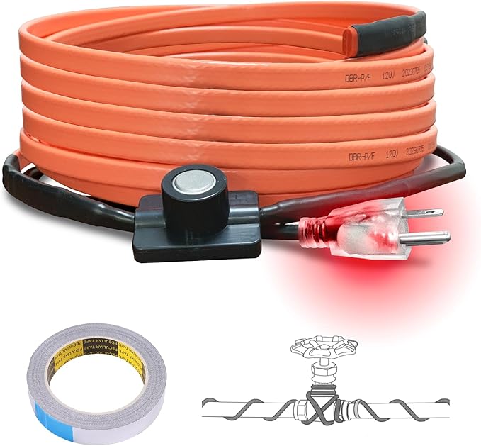 Cupohus Heat Tape for Water Pipes with Thermostat 15FT, Freeze Protection Self-Regulating Heat Trace Cable for Metal, Plastic Home Pipes, Roof and RV, 110-120V