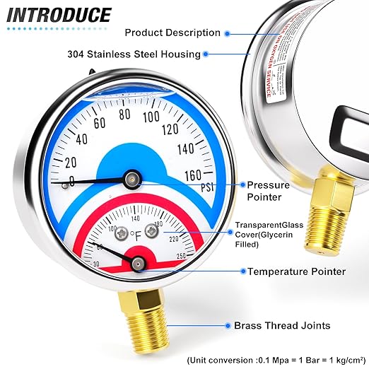 MEANLIN MEASURE 0-160Psi Stainless Steel Thermal Pressure Gauge 30-250℉ 1/4" NPT 2.5" FACE DIAL Liquid Filled Pressure Gauge, with 1/2" NPT and 3/8" NPT Hex Bushing, Lower Mount