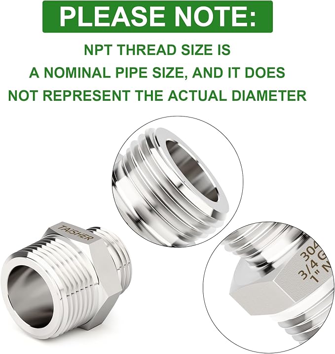 TAISHER 2PCS 304 Stainless Steel Garden Hose Adapter, 3/4" GHT Male x 1" NPT Male Garden Hose Connector with Washers