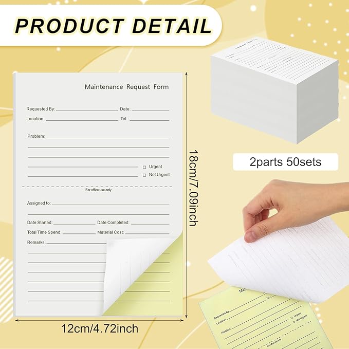 Clabby 400 Sets Maintenance Request Book/Forms/Slips, 2 Part Carbonless, 4. 7 x 7. 1 Inch Maintenance Log Books, Repair Request Forms, 50 Sets Each Pad, for Office Hospitals Management