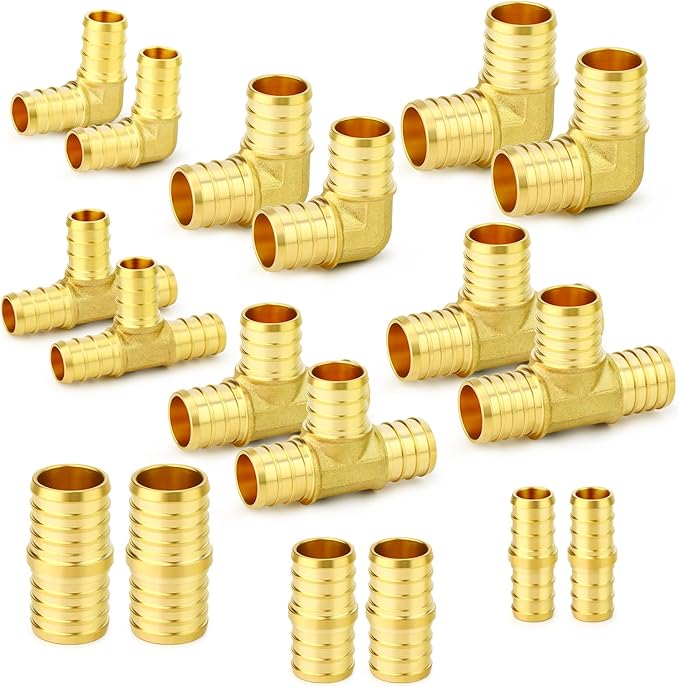 GASHER 18Pcs No Lead Brass Pex Fittings Set 1/2",3/4",1" PEX Elbow, Tee and Coupling for Pex Tubing