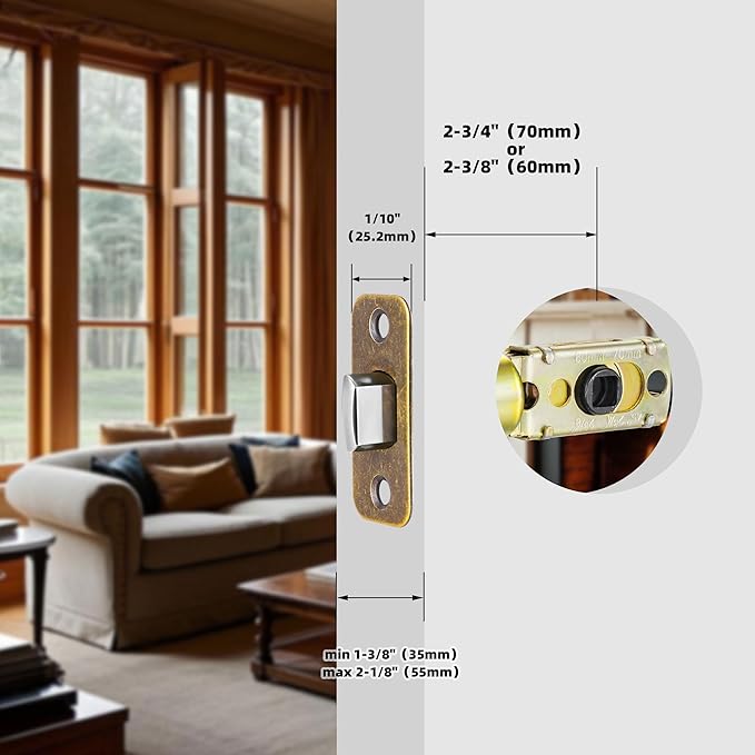 Antique Brass Brozne Adjustable Door Latch 60 or 70mm, 45° Turning Angle, Door Lock Replacement Parts with Door Strike Plate, Wood Dowel, Dust-Boxes