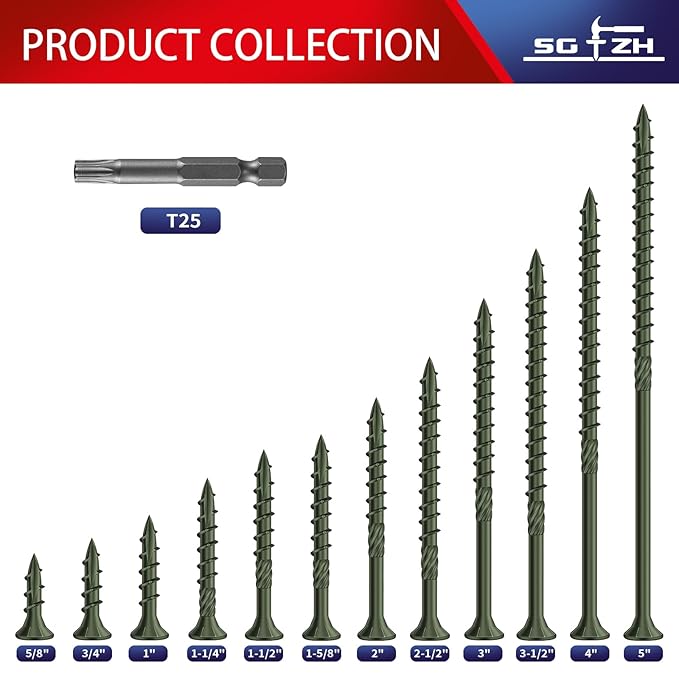 #10 x 5 Inch Deck Screws (36Pcs) 1lb. Carbon Steel, Green, Flat Head, Rust Resistant epoxy Coated, with T25 Star Bit