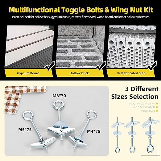 15Pcs M4 x 75mm Eye Bolt Toggle Bolt Assortment Kit, Spring Toggle Bolts Butterfly Anchors Butterfly Toggle Anchors, Heavy Duty Drywall Anchors with Wing Nut for Hanging Lamps Heavy Items