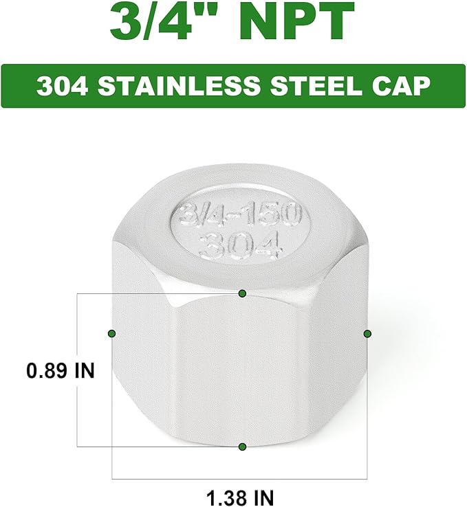 TAISHER 2PCS 304 Stainless Steel Cap Pipe Plug Socket Fitting 3/4" NPT Female