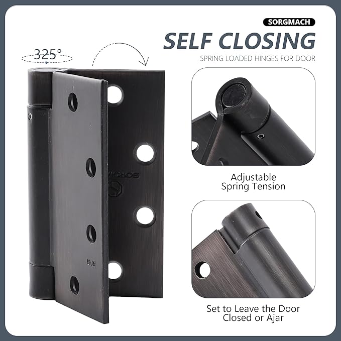 3 Pieces Self Closing Door Hinges 4-1/2 inch Oil Rubbed Bronze Auto Close Hinge Adjustable 4 ½"x 4 ½" Inch Spring Hinges Square Corner Commercial Door Closer Hinge