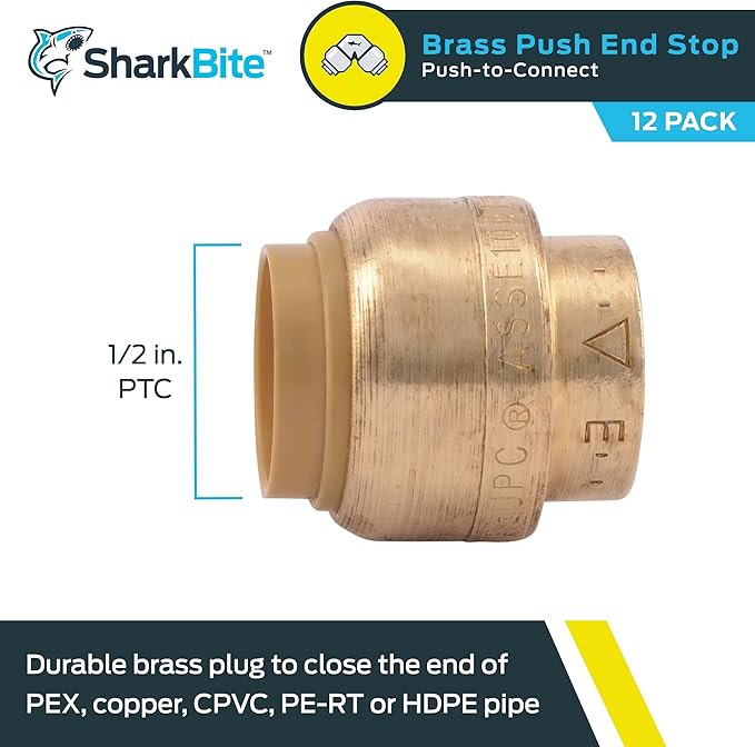 SharkBite 1/2 Inch Push Cap, Pack of 12, Push to Connect Brass Plumbing Fitting, PEX Pipe, Copper, CPVC, PE-RT, HDPE, U514LF