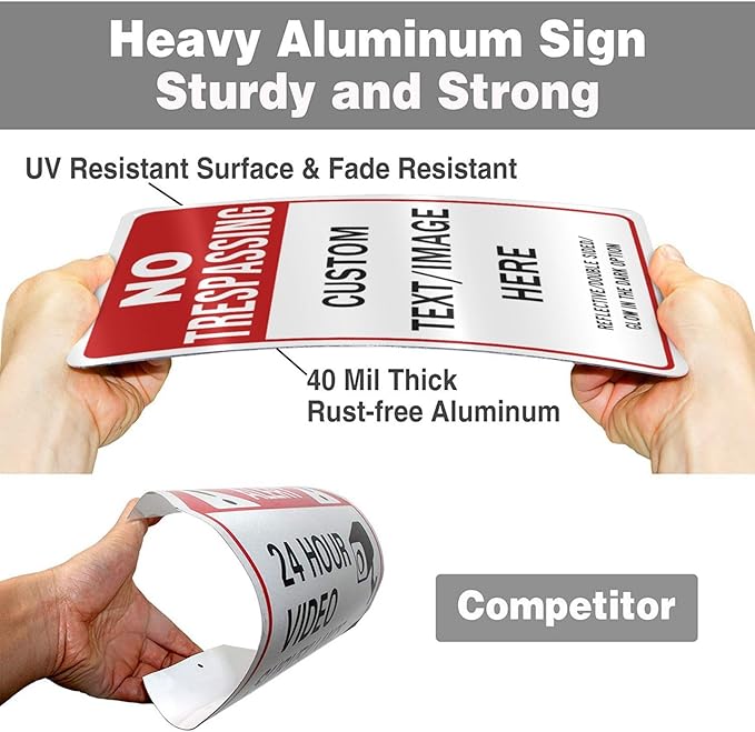 Custom No Trespassing Sign, Glow in the Dark/Reflective Option, Personalized Aluminum Warning Signs, Customize for Business, Yard, Garden, School, Indoor/Outdoor Use 12''x8''