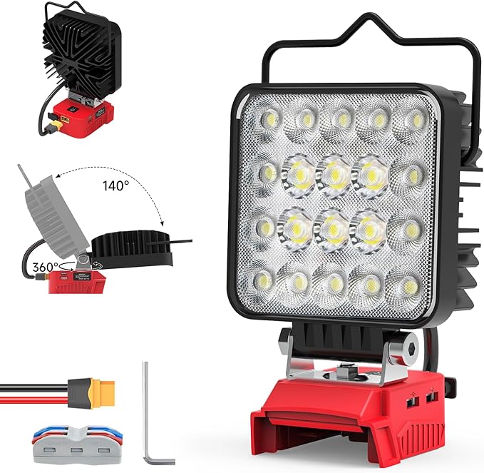 New Upgrade Azocek LED Work Light Compatible with Mil-wau-kee 18V Battery, 60W 6000LM Flashlight, 18V Battery Cordless Work Light with Low Voltage Protection & Dual USB & Type-C Charging Port (60W)