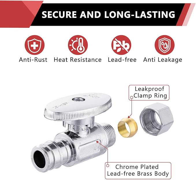 50 PCS EFIELD Stop Valve Pex-a 1/4 Turn Straight 3/8" OD Compression X 1/2" Expansion (F1960), Chrome Plated Brass,(VALVE101-50PCS)
