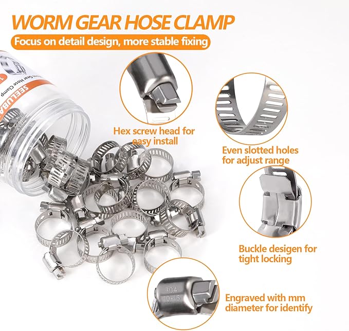 25 Pack Worm Gear Hose Clamp, Adjustable 3/8'' - 5/8'' (10-16mm) Stainless Steel Hose Clamp, Metal Fuel Line Pipe Clamp for Plumbing, Automotive And Mechanical Application