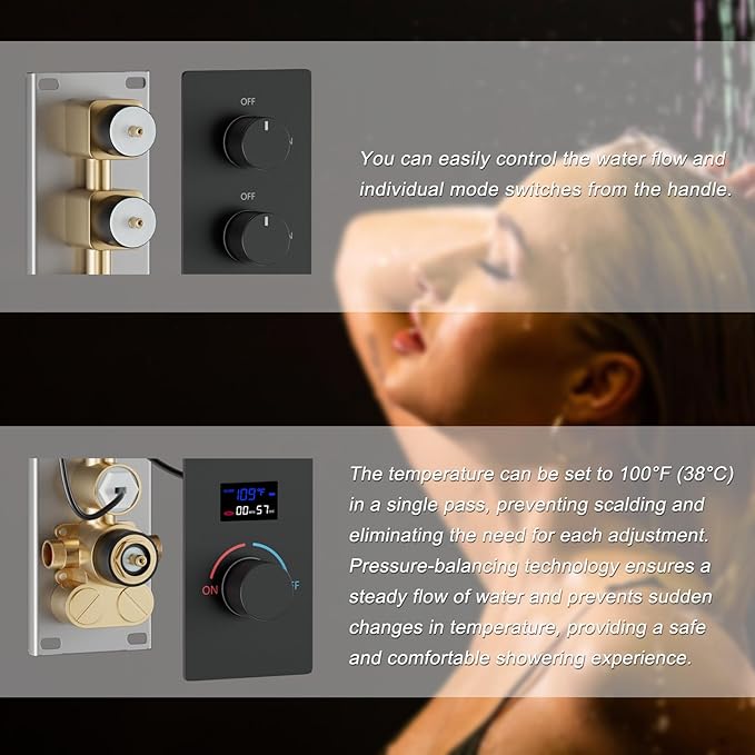 Shower Valve Concealed Shower Mixing Faucet with Temperature Display Function, Flow Control Brass Diverter Valve Kit, 5 Function Can Be Activated Simultaneously, Matte Black