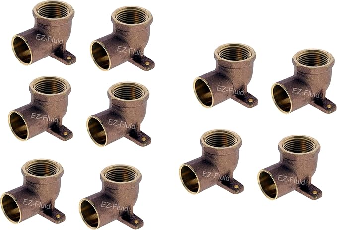 (10-Pack) EZ-Fluid 3/4-inch Nominal Copper Sweat X 3/4" Fip Threaded Drop Ear Elbow Fitting 3/4"C by F, LF Brass Shower Drop Ear 90 Degree Elbow with Sweat Socket and Female Threaded Plumbing Fittings