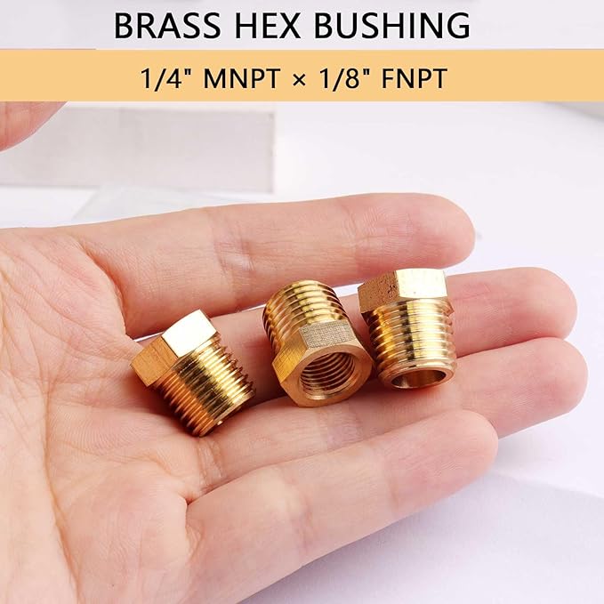 1/4" NPT Male to 1/8" NPT Female Brass Hex Bushing Reducing Bushing Pipe Fitting, Brass Fitting Reducer Adapter