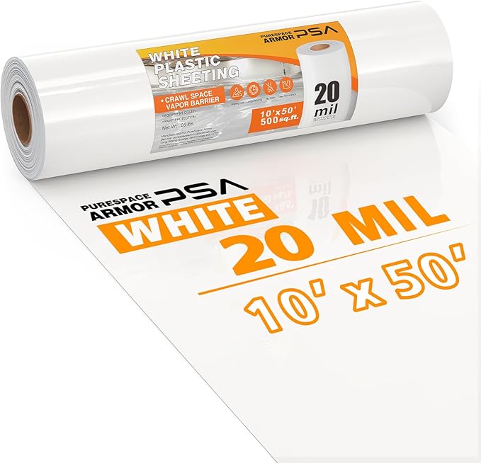 Crawl Space Vapor Barrier, 20 Mil Vapor Barrier, 10'x50', White Plastic Sheeting - Thick Plastic Sheeting, Heavy Duty Polyethylene Film, Drop Cloth Vapor Barrier Covering for Crawl Space, Basement
